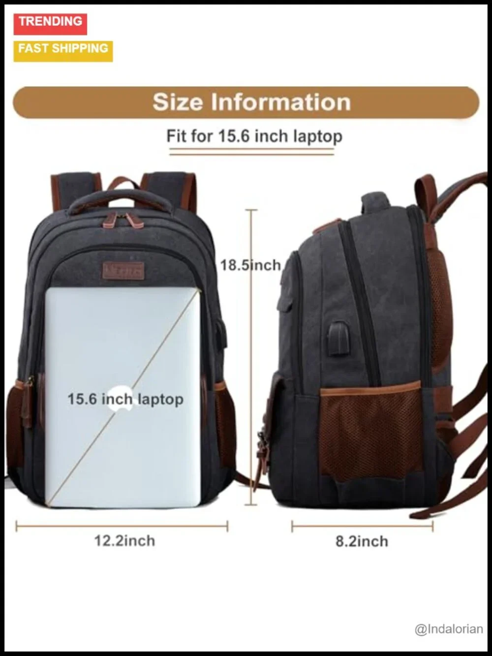 Canvas Travel Laptop Backpack with USB Charging Port, 15.6 Inch, Business